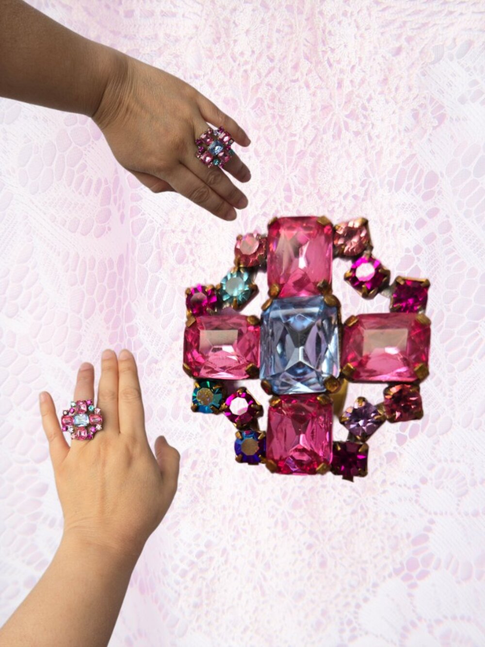 Vintage Czech Pink and Blue Crystal Ring Art Deco Romantic Fairycore Style